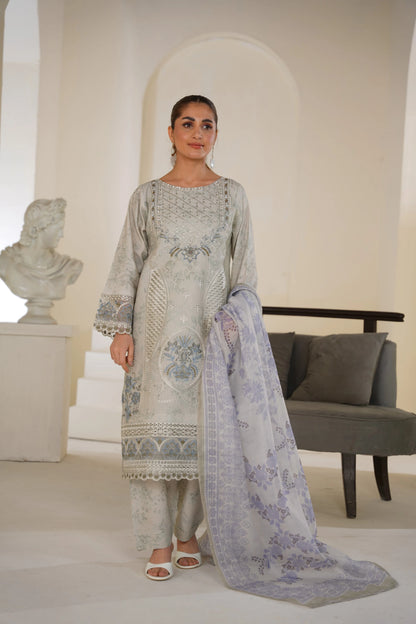 Light Sage Grey Embroidered Lawn Ready to Wear 3 Piece Suit