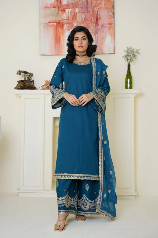 Elegant Teal Blue Embroidered Lawn 3-Piece Suit - Ready to Wear