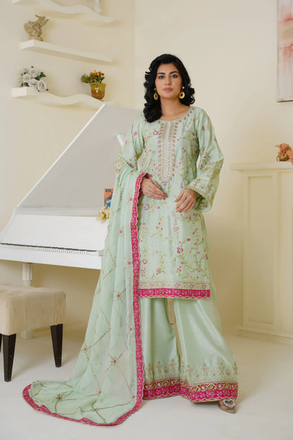 Mint Green & Pink Embroidered Viscose 3-Piece Suit – Ready to Wear