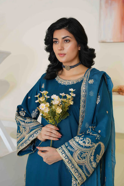 Elegant Teal Blue Embroidered Lawn 3-Piece Suit - Ready to Wear