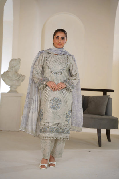 Light Sage Grey Embroidered Lawn Ready to Wear 3 Piece Suit
