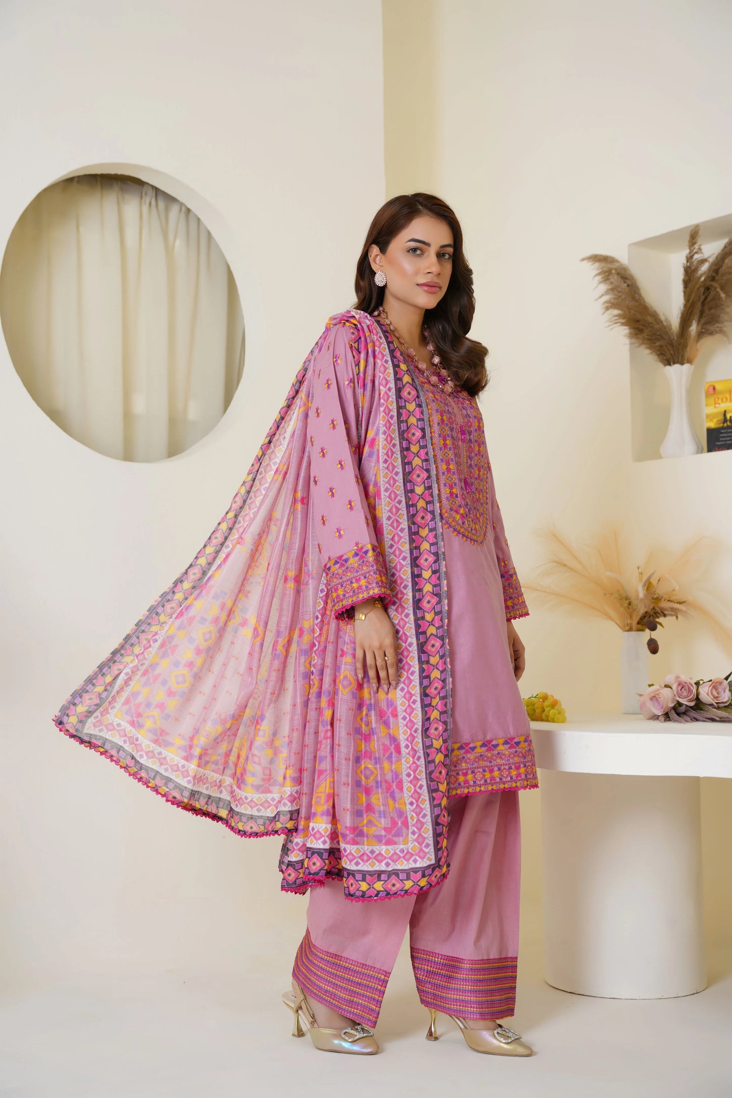 Mauve Pink Embroidered Viscose 3-Piece Suit – Ready to Wear