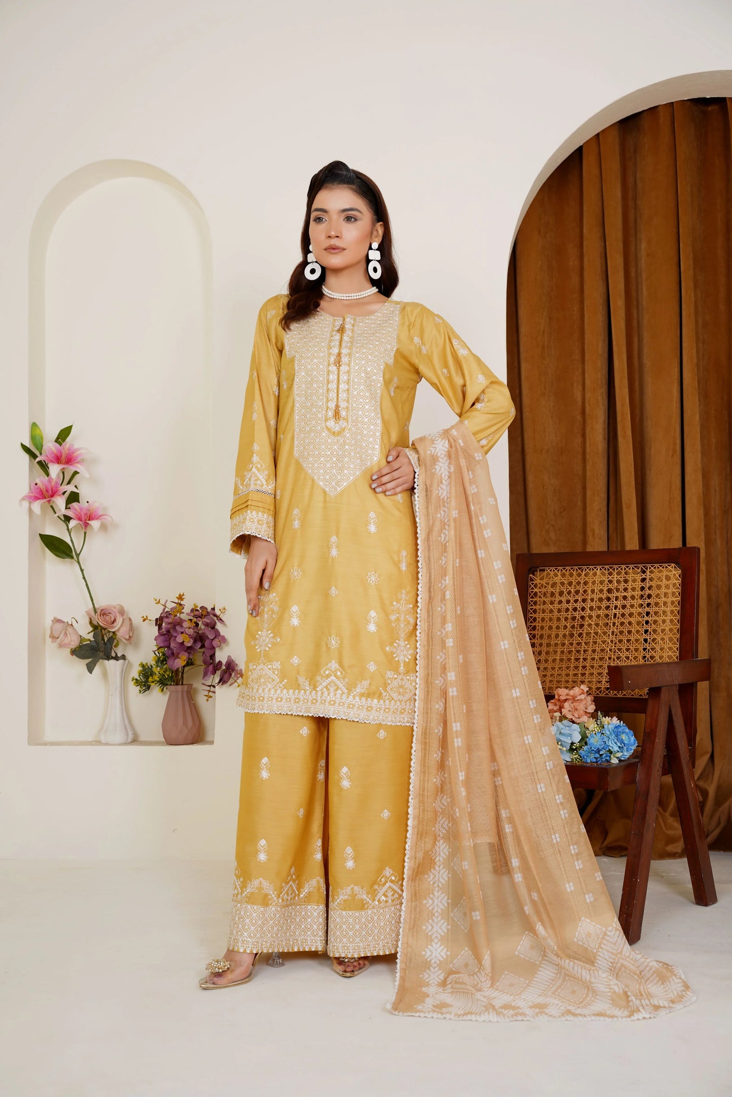 Golden Mustard Embroidered Viscose 3-Piece Pret Suit