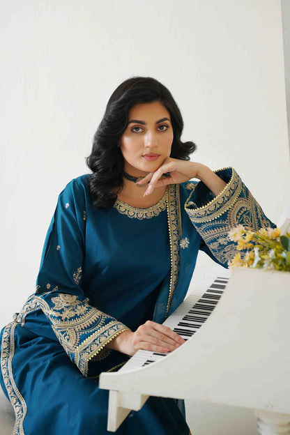 Elegant Teal Blue Embroidered Lawn 3-Piece Suit - Ready to Wear
