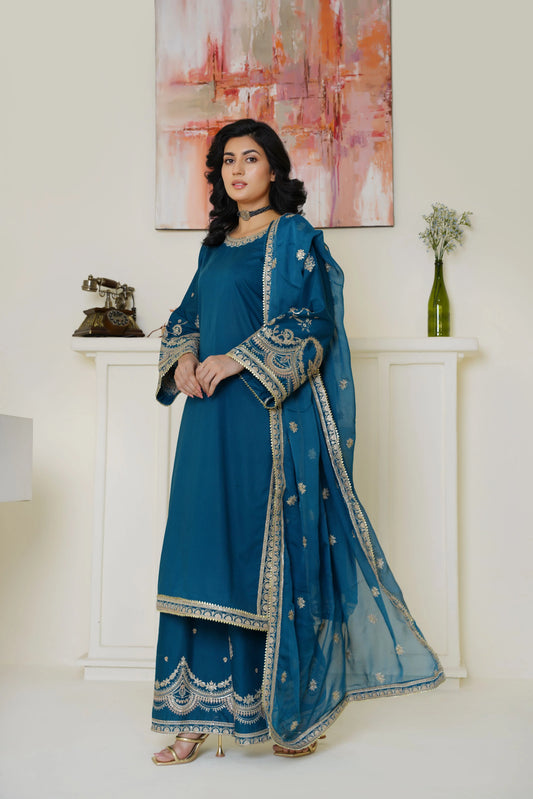 Elegant Teal Blue Embroidered Lawn 3-Piece Suit - Ready to Wear