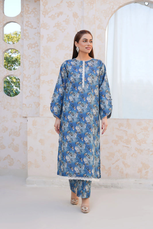 Serene Blue Floral Lawn Suit - Ready to Wear 2PC