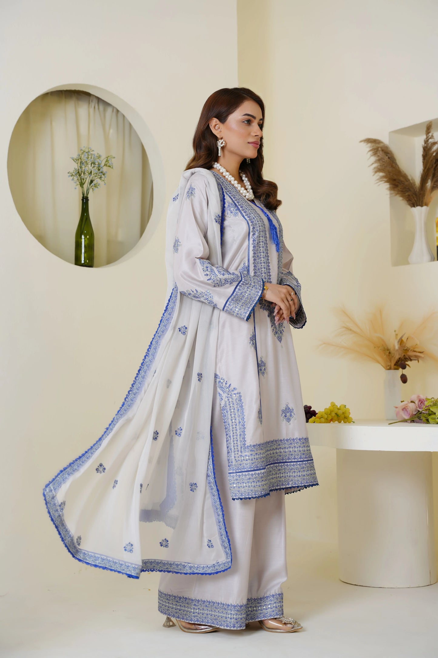 Icy Lavender & Blue Embroidered Viscose 3-Piece Suit – Ready to Wear