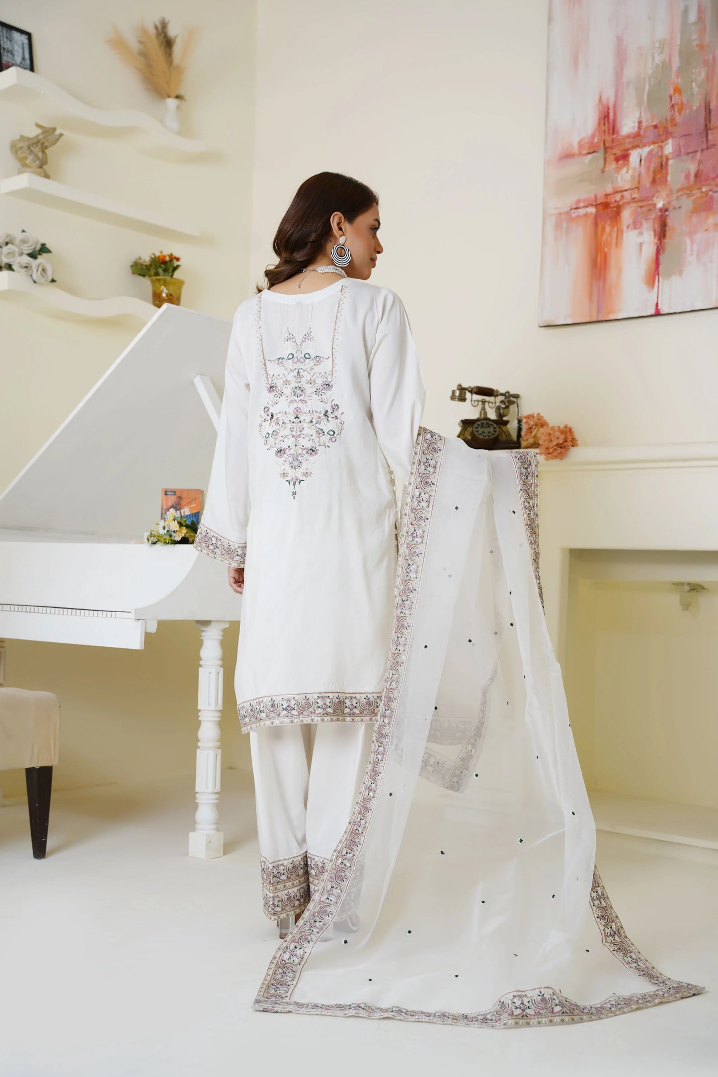 Ivory White Embroidered Viscose 3-Piece Suit – Ready to Wear