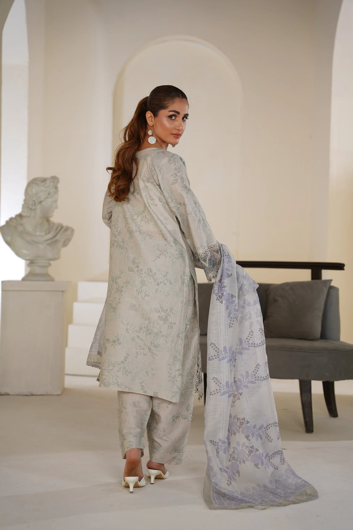 Light Sage Grey Embroidered Lawn Ready to Wear 3 Piece Suit